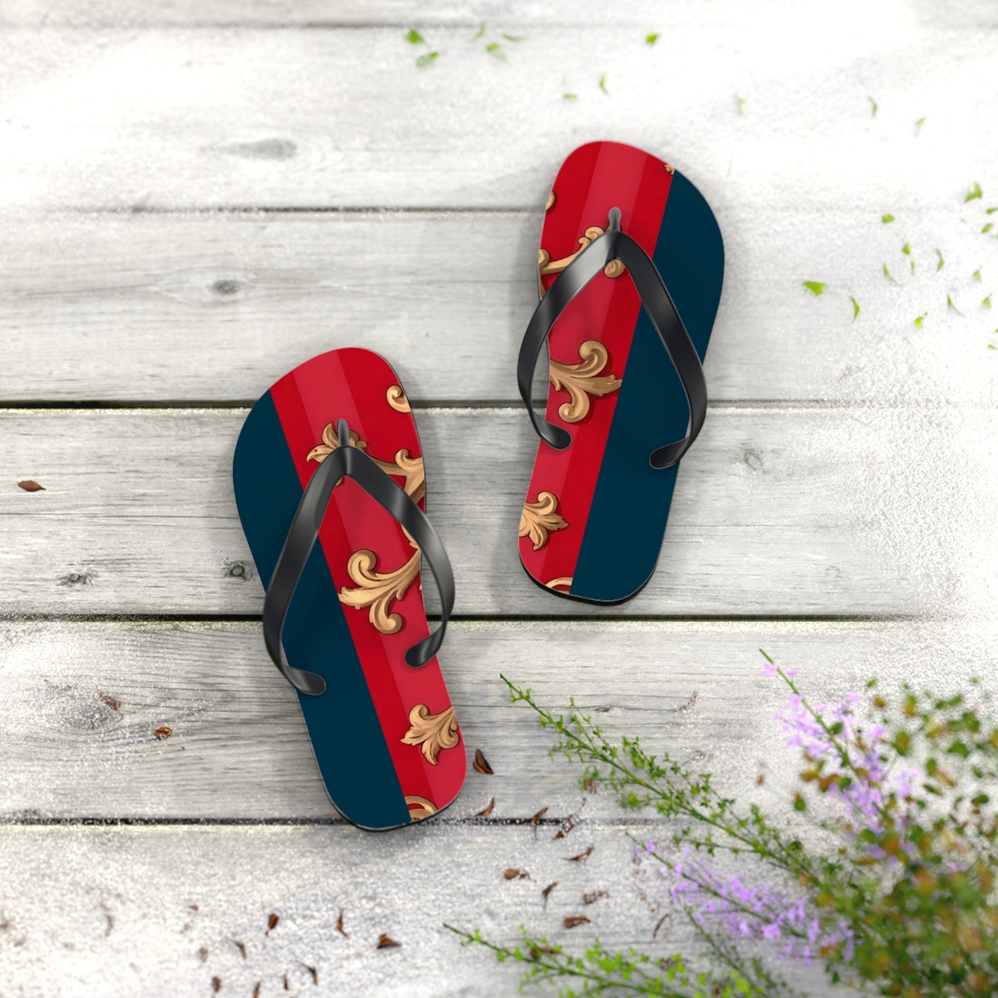 Stylish Flip Flops for Summer Fun, Beach Footwear, Vacation Sandals, Poolside Flip Flops, Casual Summer Shoes - Blue & Red Striped Baroque