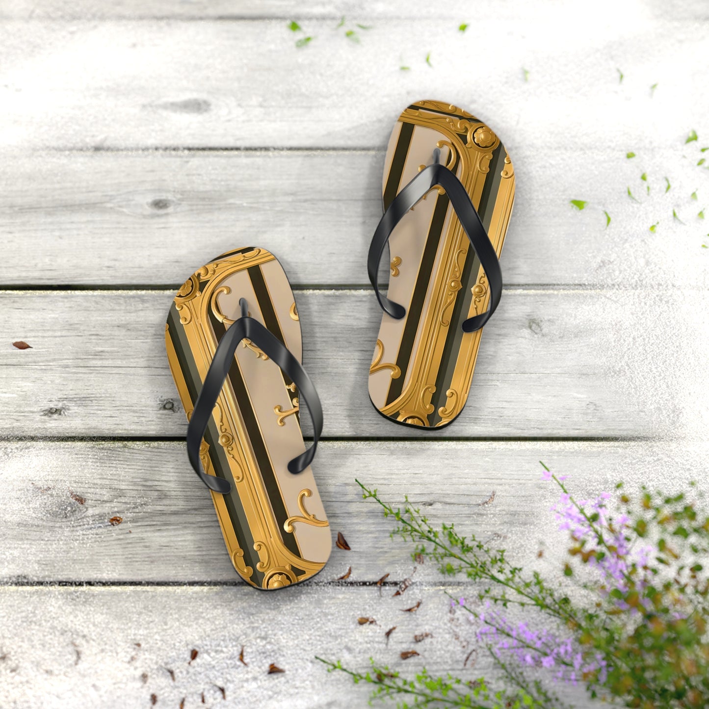 Elegant Golden Flip Flops, Summer Footwear, Beach Sandals, Vacation Essentials, Gift for Her - Beige Striped Gold Rococo