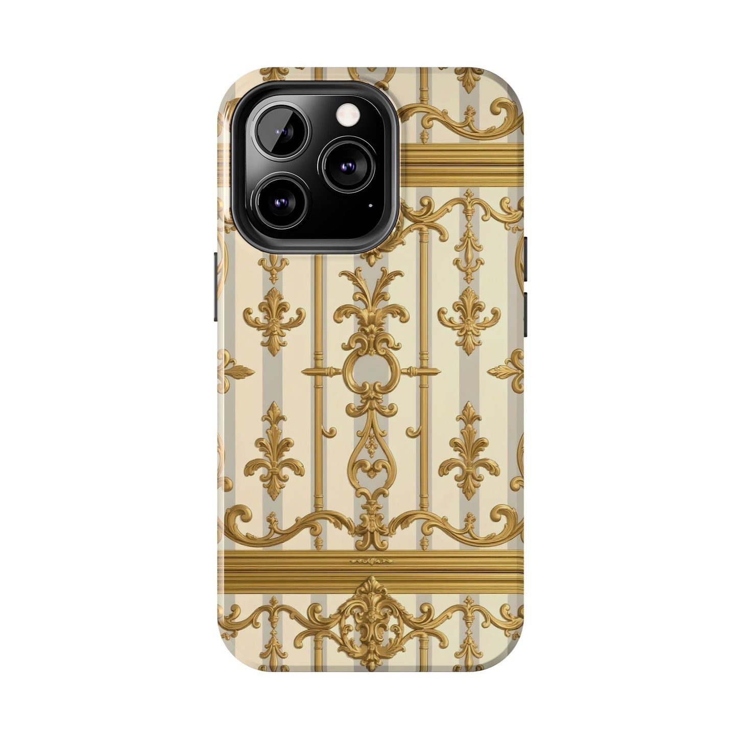 Elegant Gold Pattern Tough Phone Cases | Stylish Phone Covers, Trendy Cell Phone Accessories - Matte Gray & Cream Striped Gold Baroque