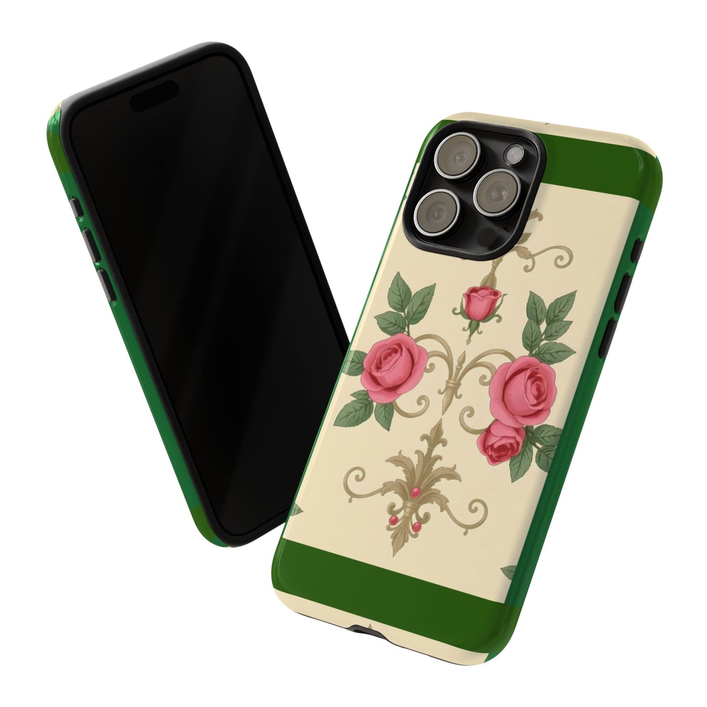 Elegant Floral Motif Phone Case - Tough Cases with Vintage Design - Green Border Roses & Damask