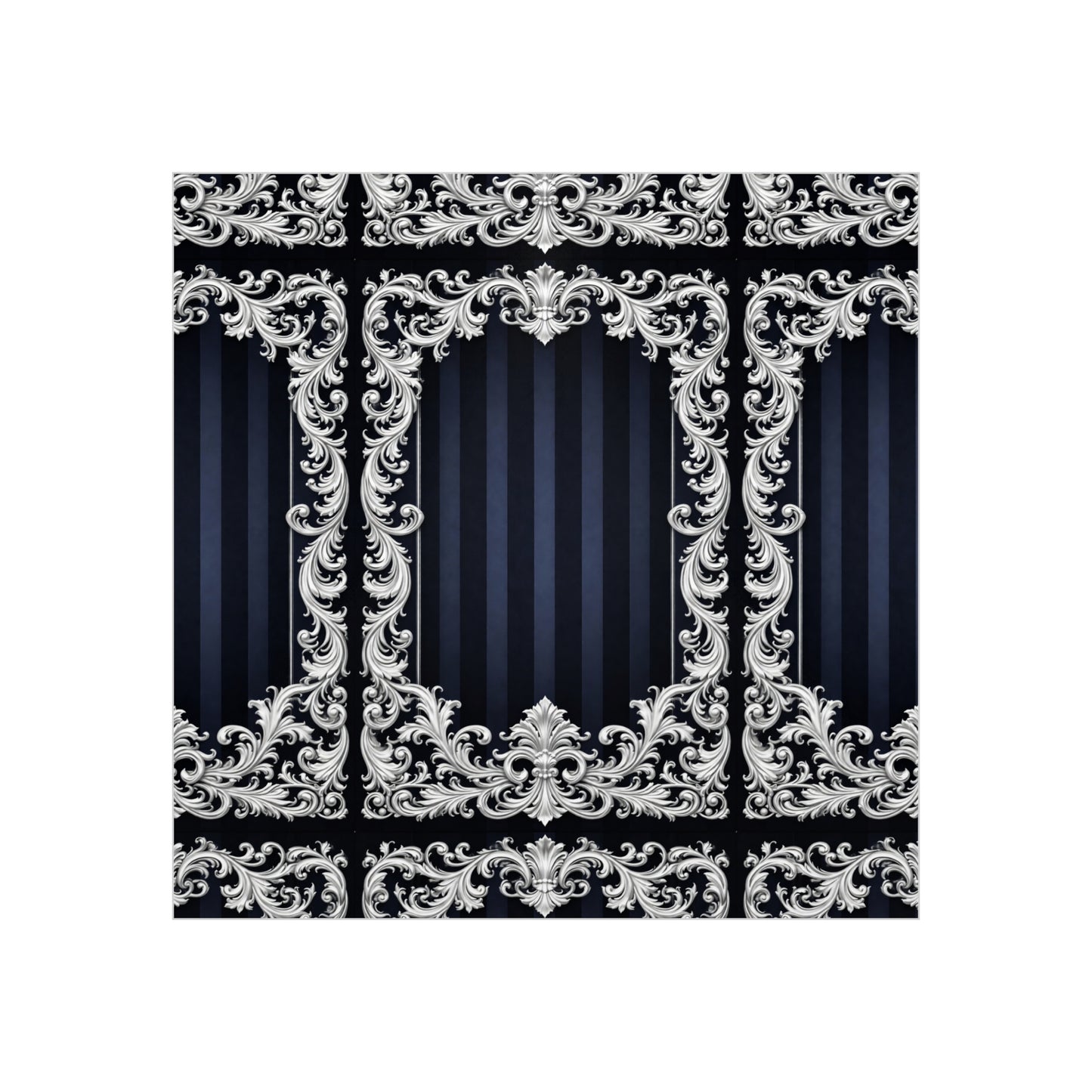 Navy Stripes & Baroque Foam Board Backdrop — Ornate Silver Scroll Panel