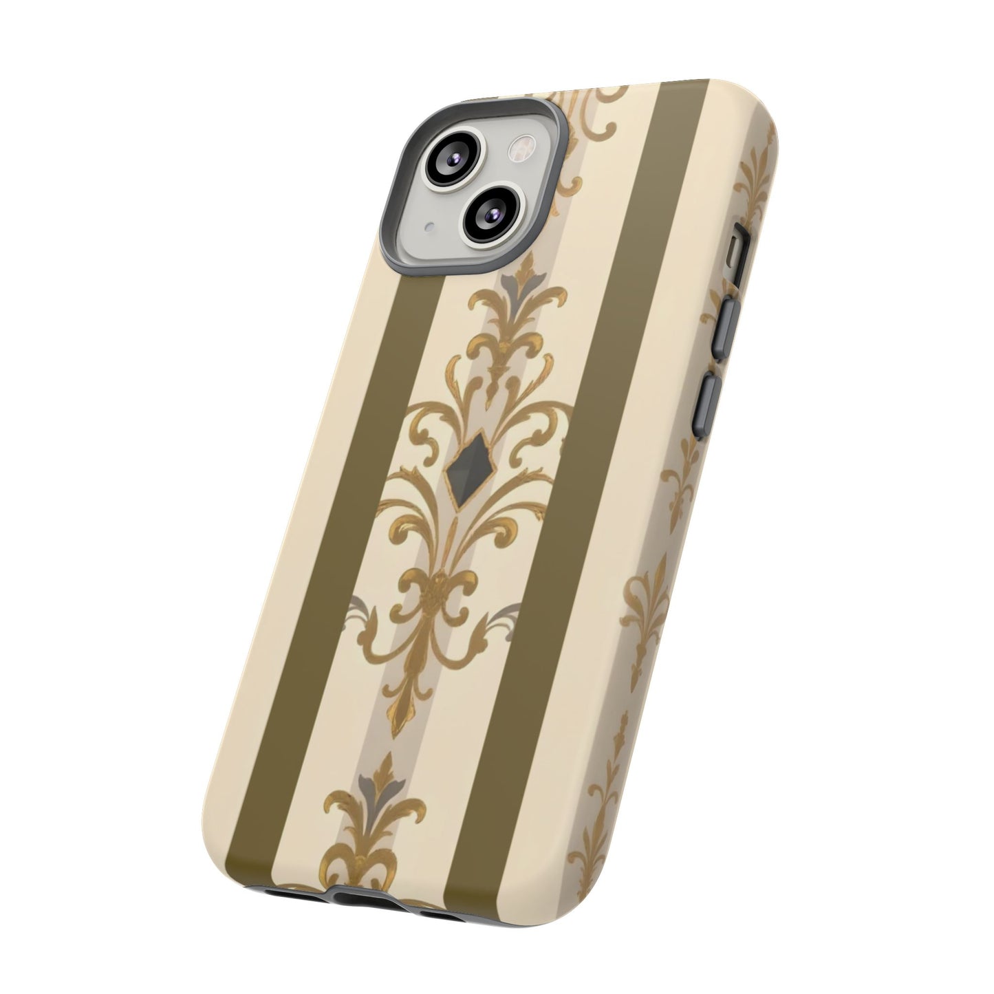 Elegant Floral Motif Phone Case - Tough Cases with Vintage Design - Olive Striped Gold Damask