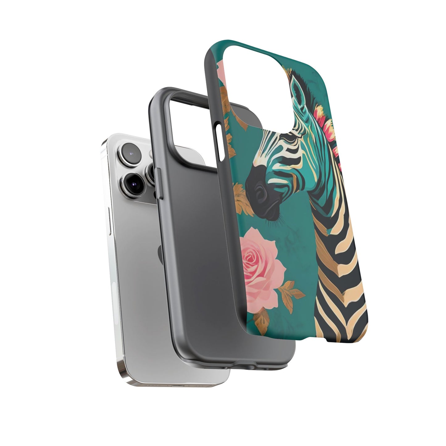 Phone Case - Elegant Teal & Gold Zebra & Roses Design