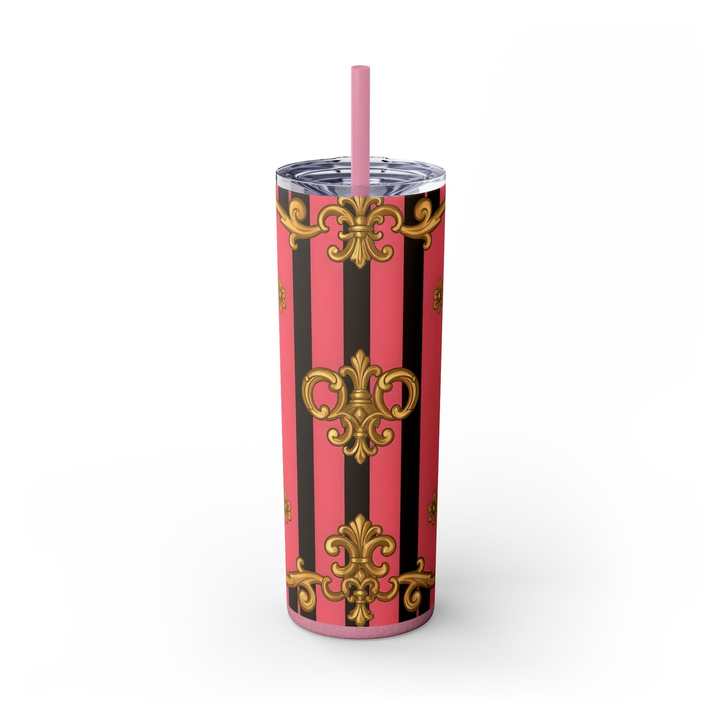 Chic Pink Striped Skinny Tumbler, 20oz | Elegant Travel Mug, Perfect Gift for Birthdays - Pink & Black Striped Gold Baroque