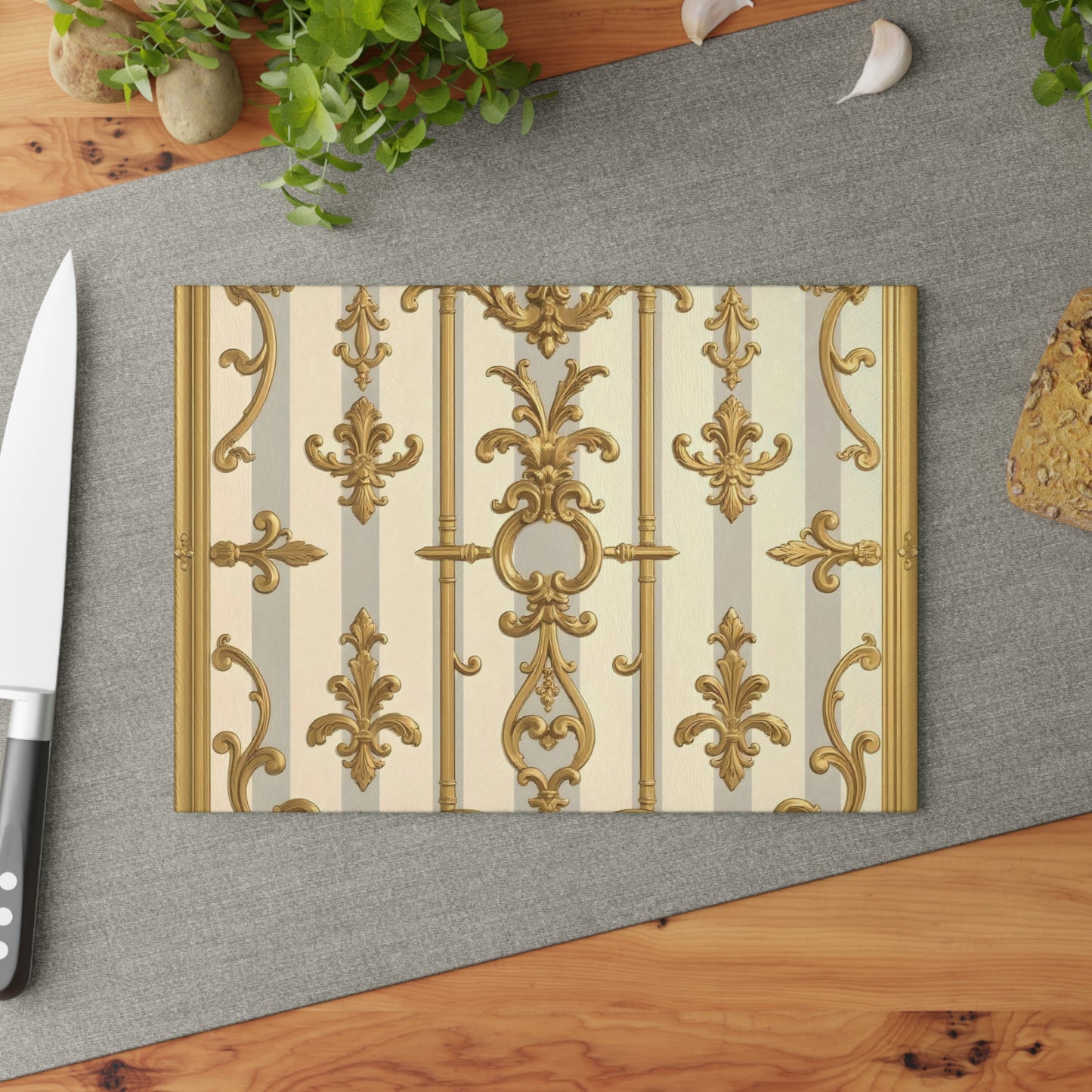 Ornate Glass Cutting Board - Elegant Kitchen Decor, Wedding Gift, Home Cook Gift - Matte Gray & Cream Striped Gold Baroque