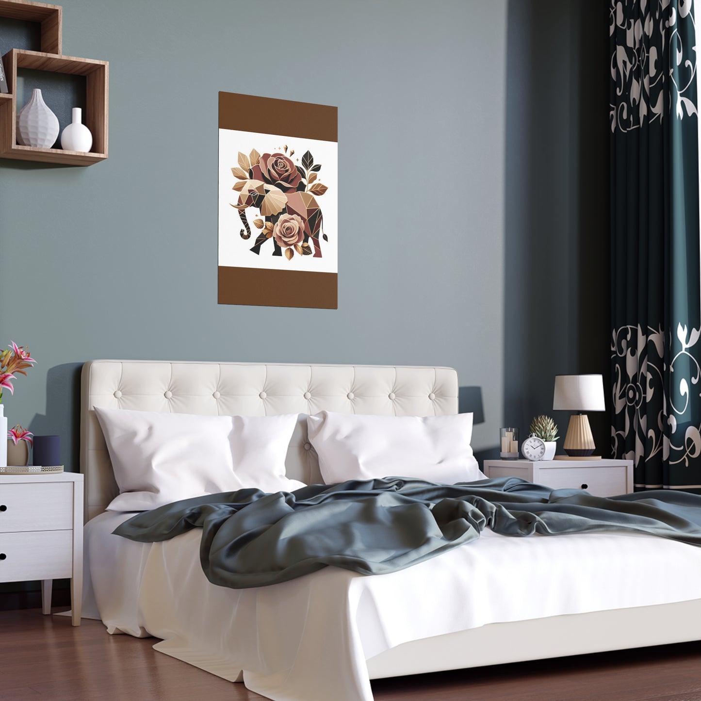Elegant Floral Silk Poster - Indoor/Outdoor Wall Art for Home Decor - Brown & Gold Elephant & Roses