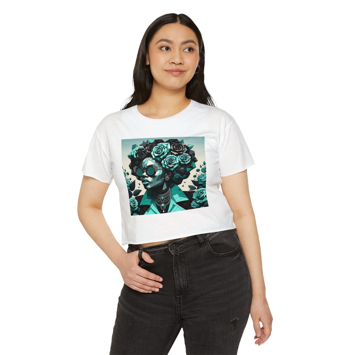 Women's Festival Crop Top with Artistic Floral Design, Boho Clothing, Trendy Summer Style, Perfect for Music Festivals - Turquoise & Black Roses Lady