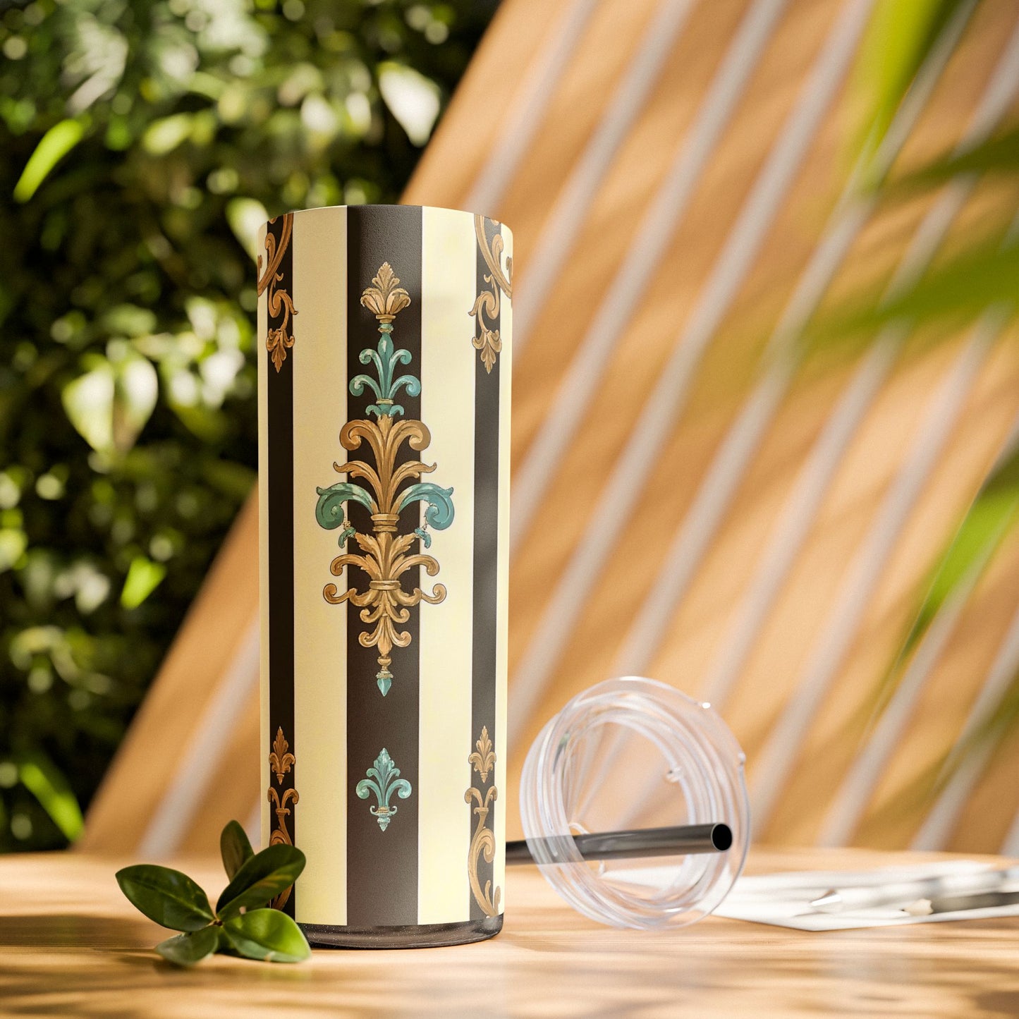 Elegant Stripe Skinny Tumbler | 20oz | Ideal Gift for Home, Office, Travel, Party, or Everyday Use - Black Striped Turquoise & Black Rococo