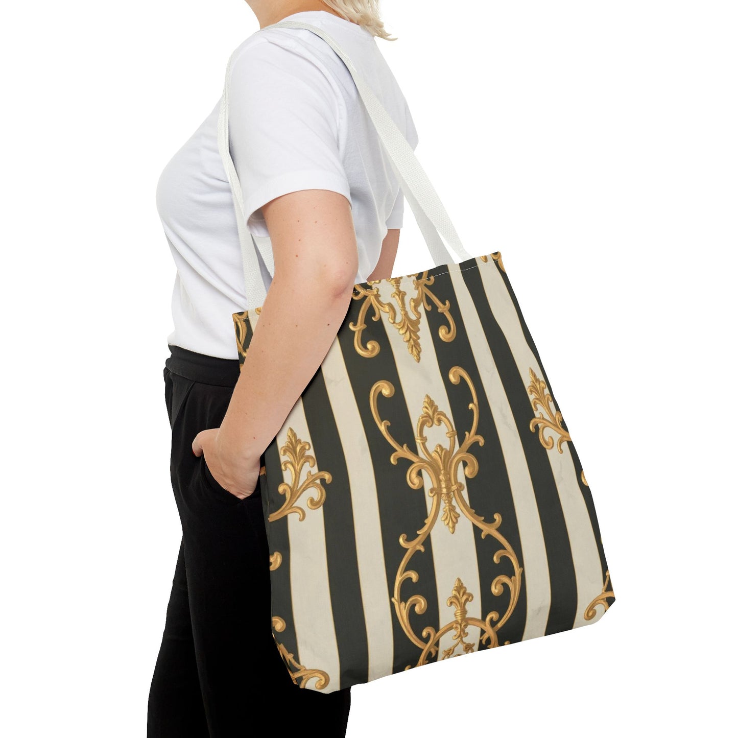 Elegant Black & Alabaster Striped Baroque Tote Bag, Stylish Shopping Bag, Fashion Accessory, Gift for Her, Reusable Bag, Perfect for Events
