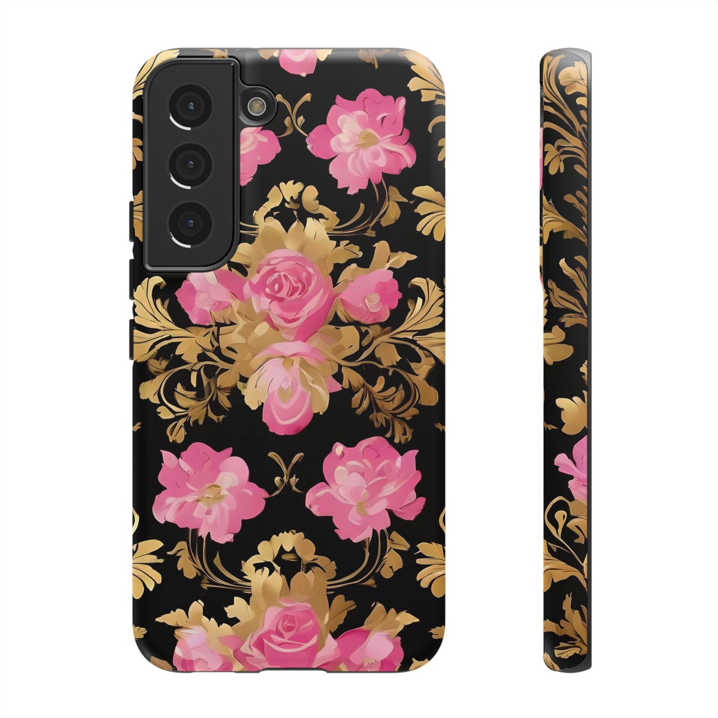Elegant Floral Motif Phone Case - Tough Cases with Vintage Design - Pink & Gold Roses