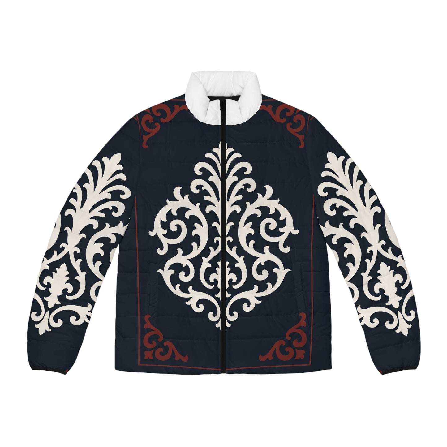 Dusk Blue & Maroon-White Baroque Men's Puffer Jacket — Baroque Pattern Quilted Coat