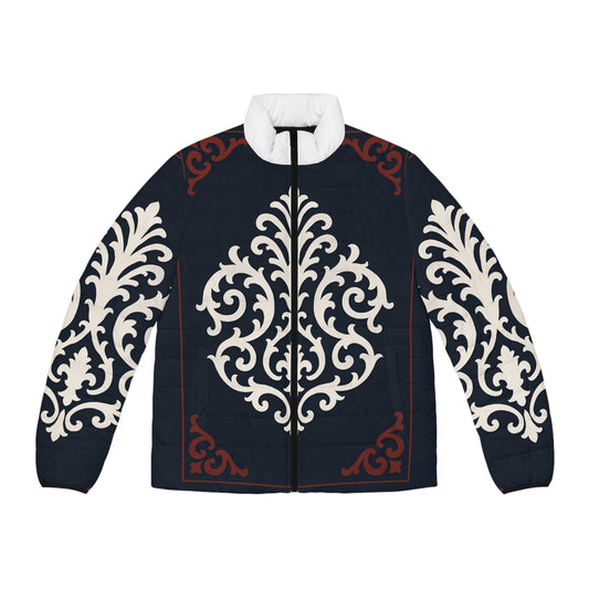 Dusk Blue & Maroon-White Baroque Men's Puffer Jacket — Baroque Pattern Quilted Coat