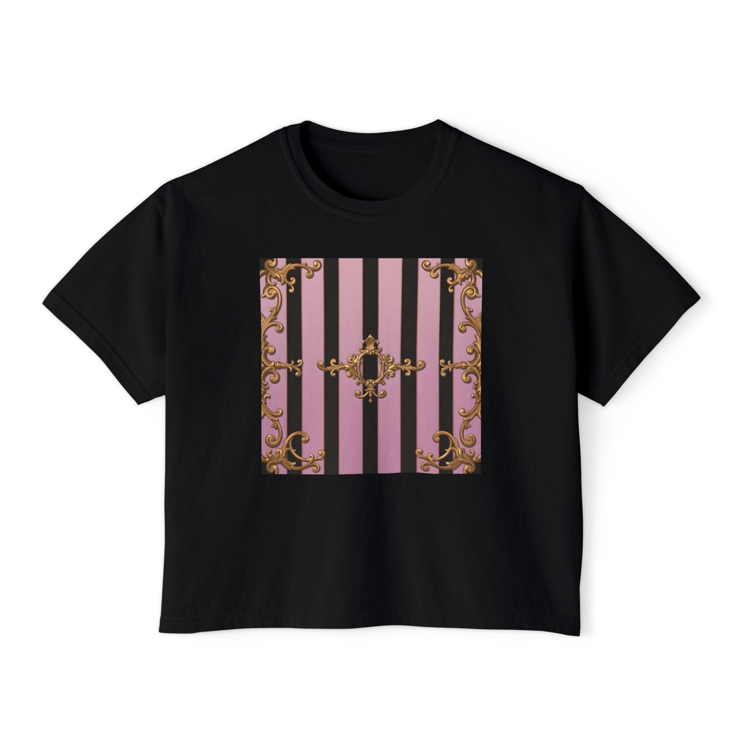 Chic Women's Boxy Tee, Vintage Striped Top, Trendy Short Sleeve Shirt, Casual Fashion T-Shirt - Matte Lavender & Black Striped Gold Baroque