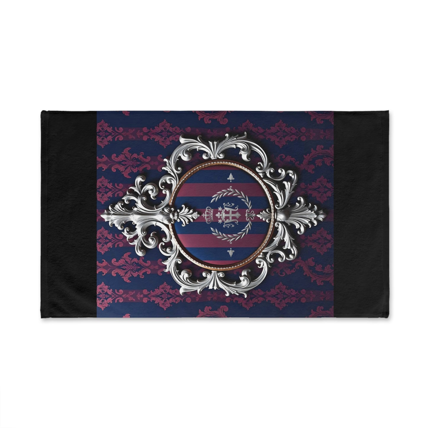 Elegant Baroque Hand Towel, Luxe Bathroom Decor, Unique Gift for Housewarming, Soft Cotton Towel - Blue & Plum Striped Silver Crest