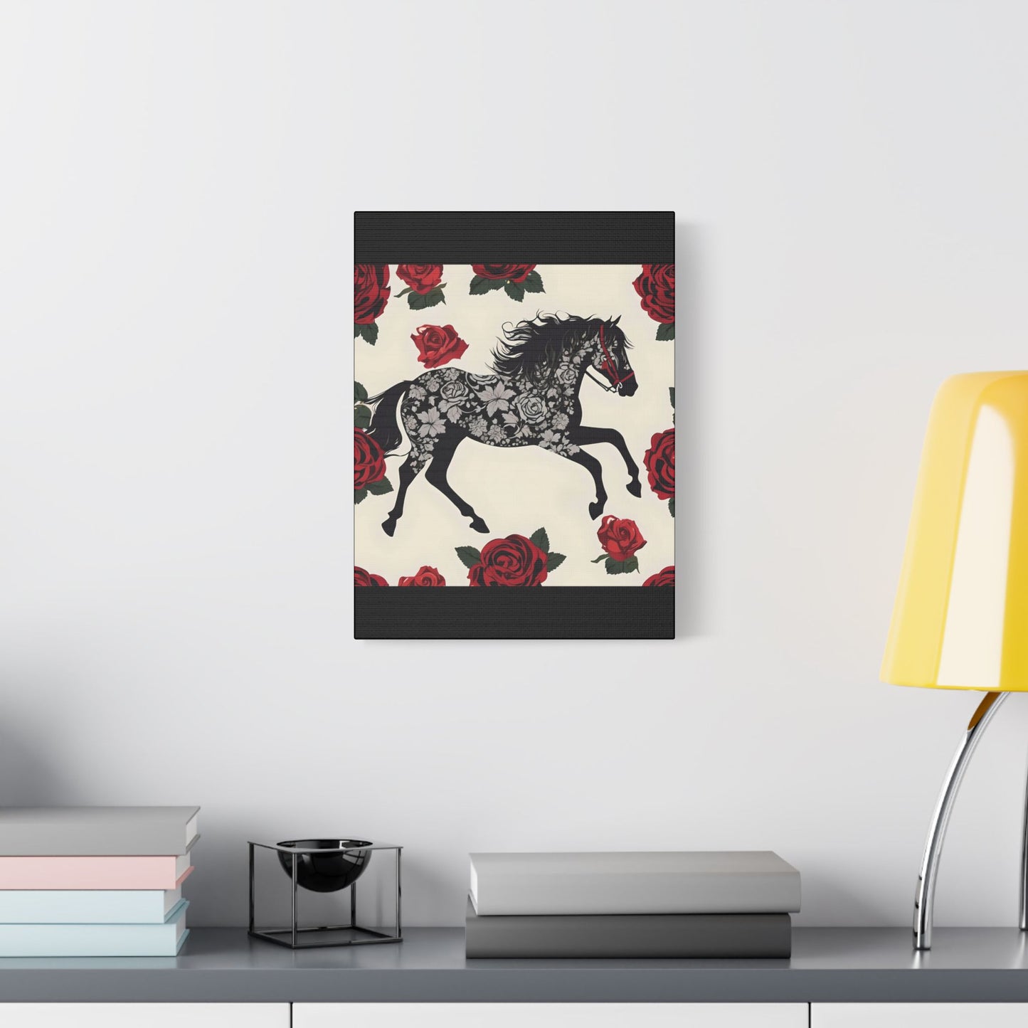 Art Print Canvas, Wall Decor, Satin Stretched Canvas, Equestrian Art, Office Decor, Home Decor - Horse & Roses