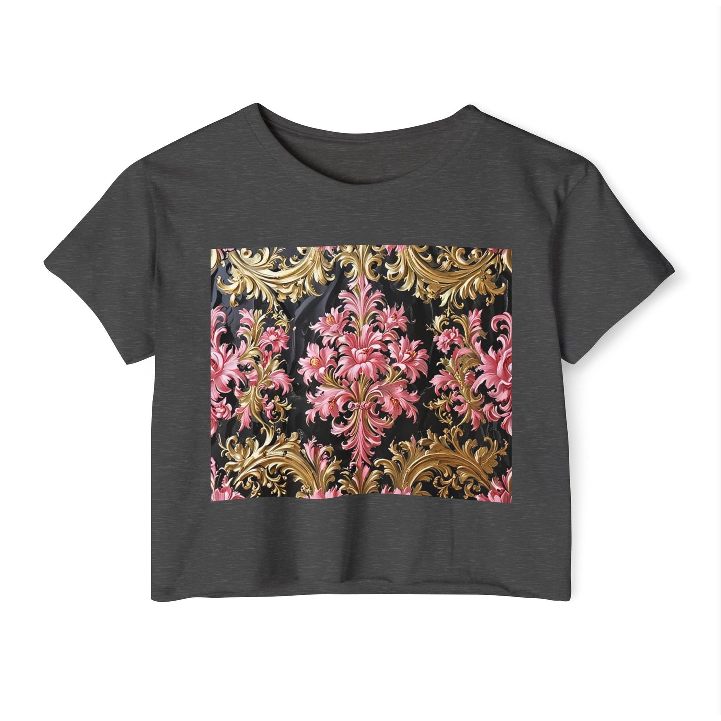 Festival-Ready Women's Crop Top, Boho Chic Tee, Summer Music Fest Shirt, Stylish Festival Wear - Black & Pink Oil Painting Style Rococo
