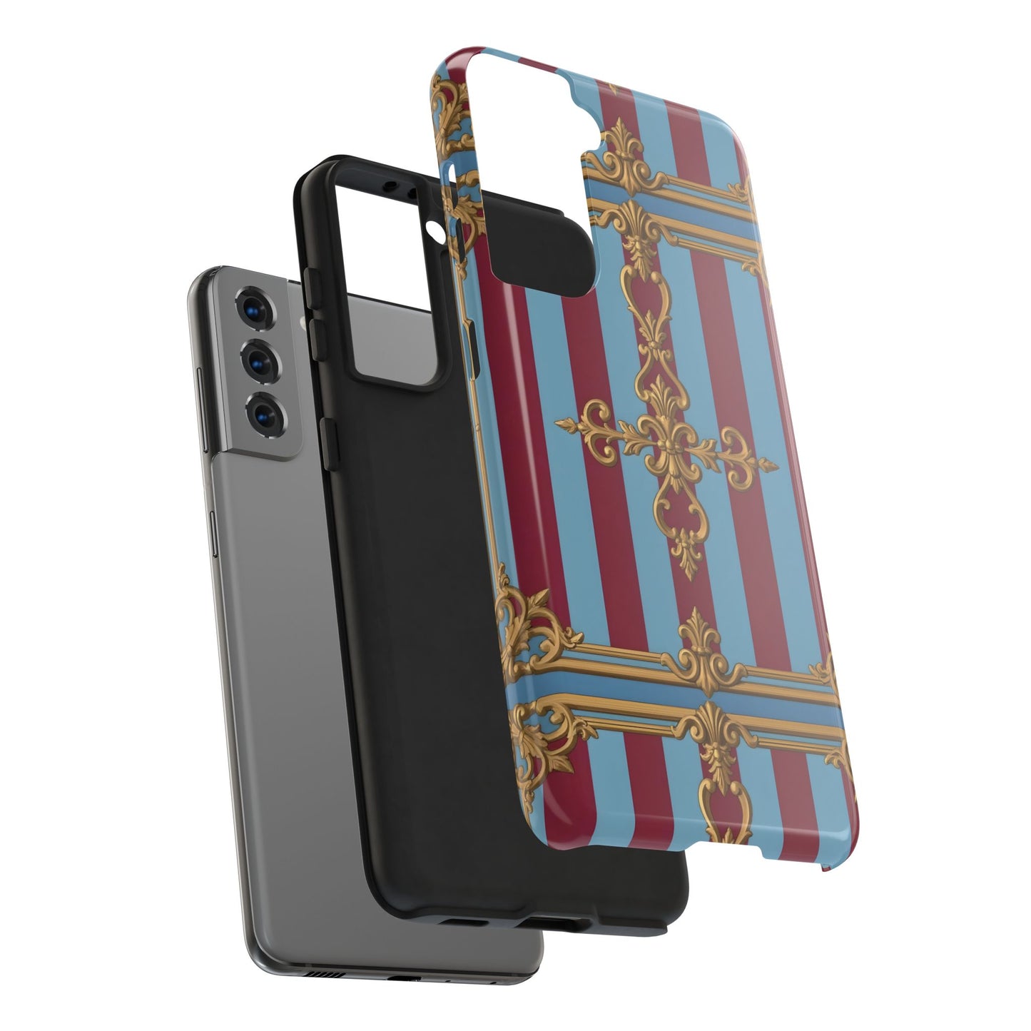 Elegant Patterned Tough Phone Cases, Stylish Phone Cover, Durable Phone Protection, Unique Gift Idea - Sky Blue & Maroon Striped Baroque