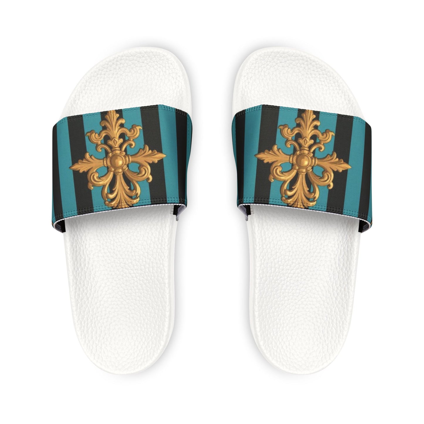 Stylish Turquoise & Black Striped Gold Baroque Removable-Strap Sandals with Elegant Design, Fashion Footwear for Summer, Beach, Vacation