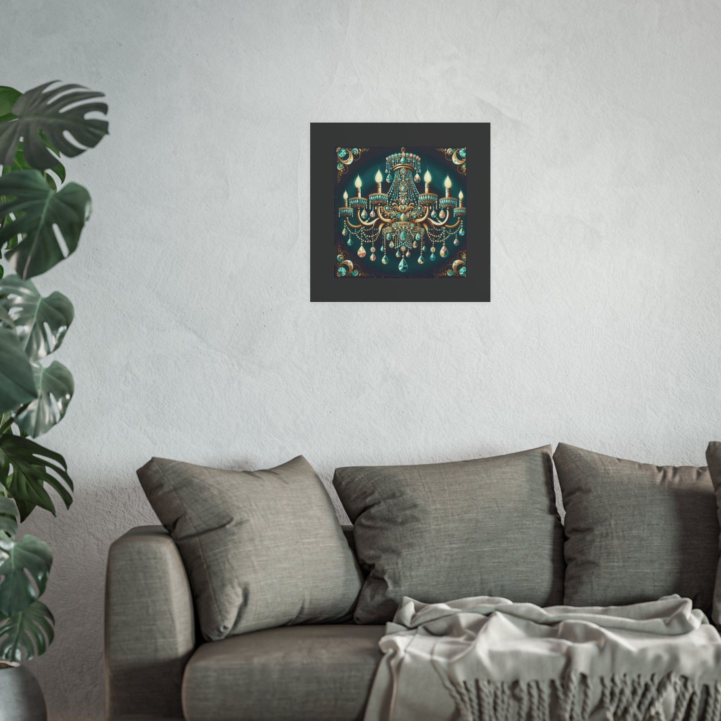 Elegant Chandelier Poster - Luxurious Wall Art for Home Décor - Teal Jeweled Chandelier
