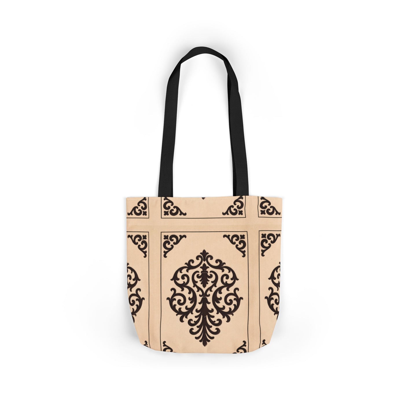 Almond-Beige & Brown Baroque Canvas Tote Bag — Elegant Vintage Pattern Beach & Market Bag