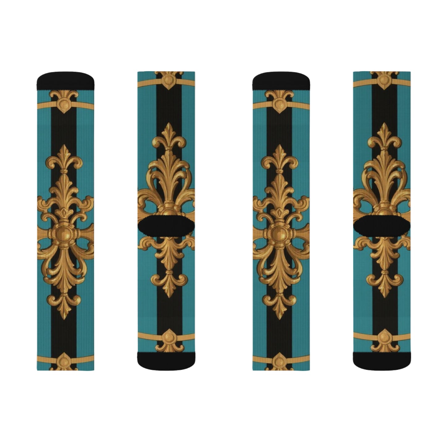 Elegant Turquoise & Black Striped Gold Baroque Patterned Unisex Sublimation Socks, Fashionable Socks, Unique Gift for Her & Him