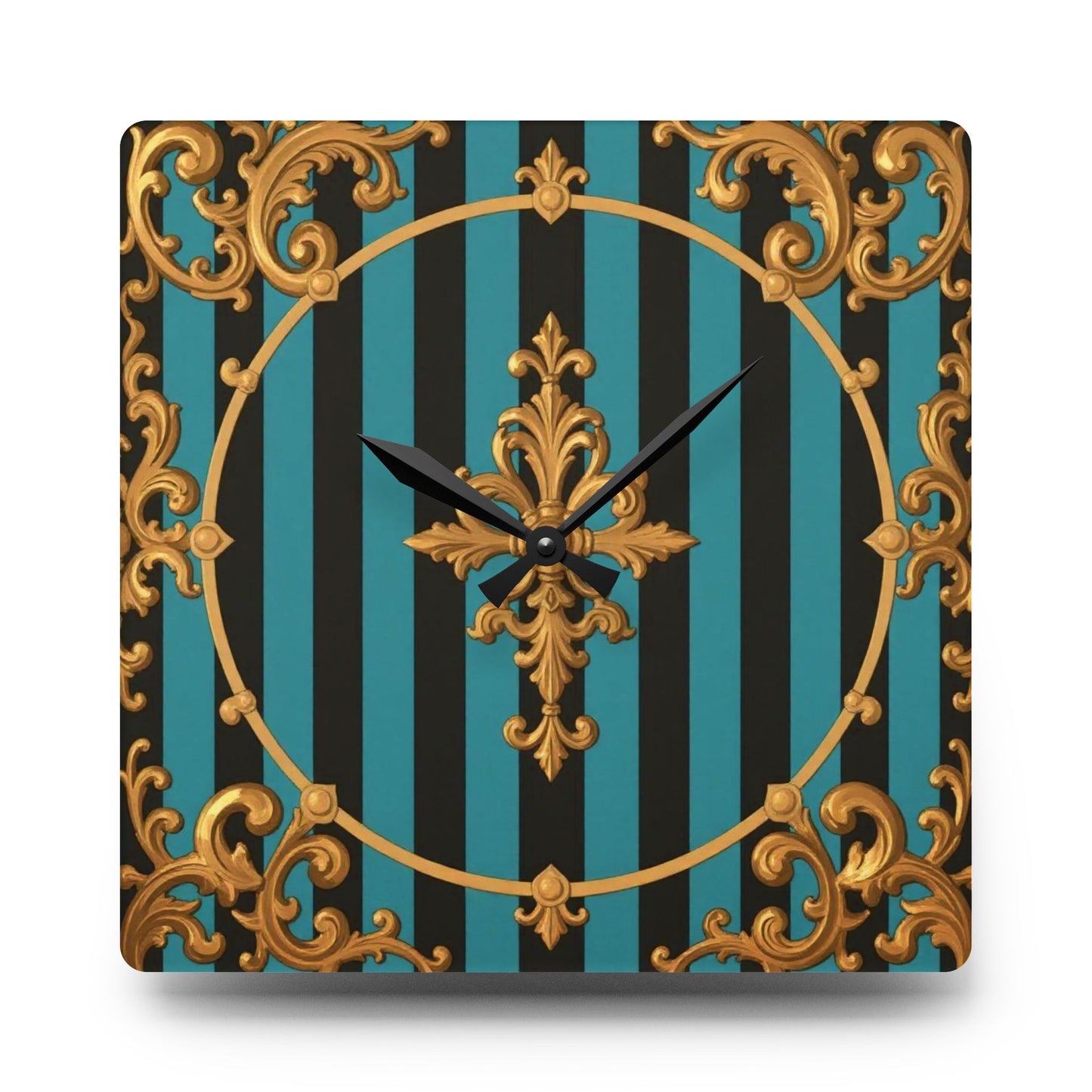 Elegant Turquoise & Black Striped Gold Baroque Acrylic Wall Clock, Gold Accents, Home Decor, Gift for Housewarming, Birthday, Stylish Wall Art