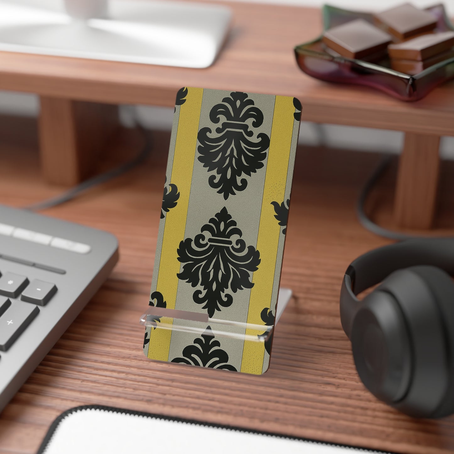 Elegant Mobile Display Stand – Stylish Smartphone Holder, Desk Organizer, Gift for Tech Lovers, Home Decor - Silver & Gold Striped Black Baroque