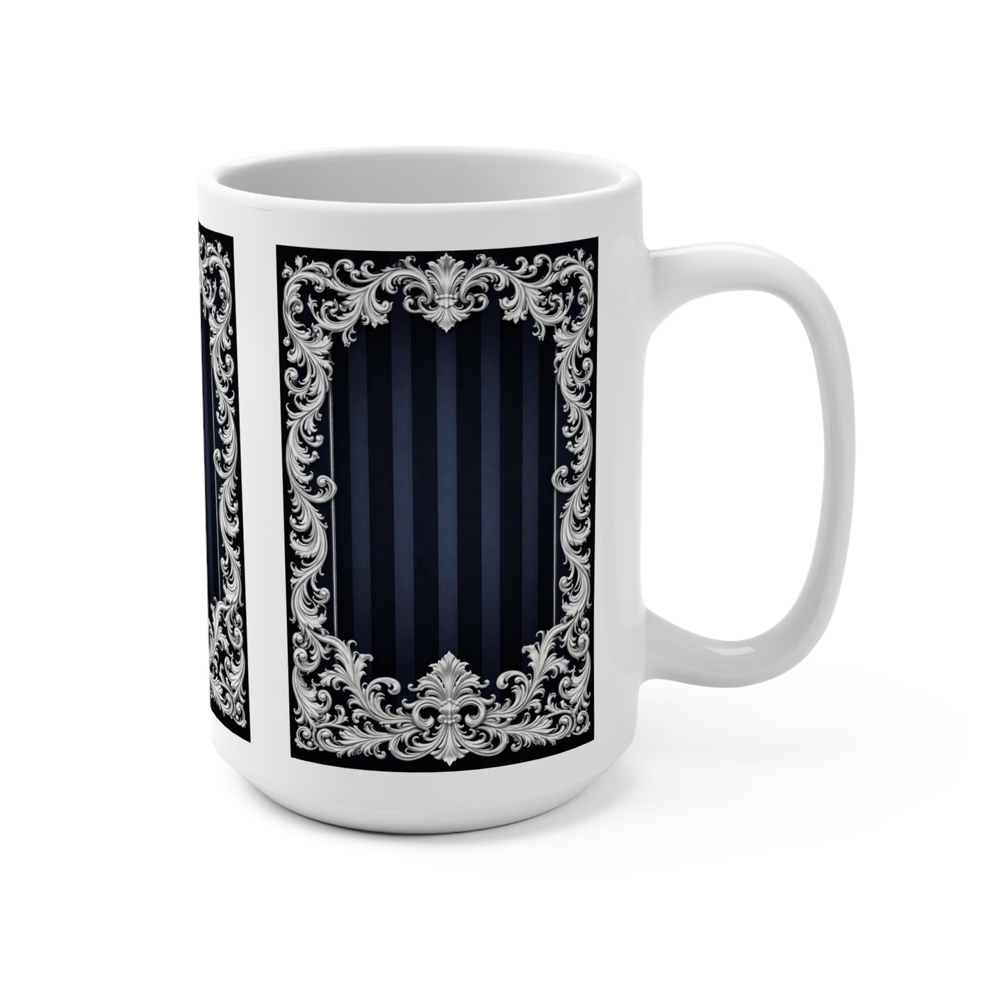 Navy Stripes & Baroque Frame 15oz Ceramic Mug — Elegant Vintage Navy Striped Coffee Cup