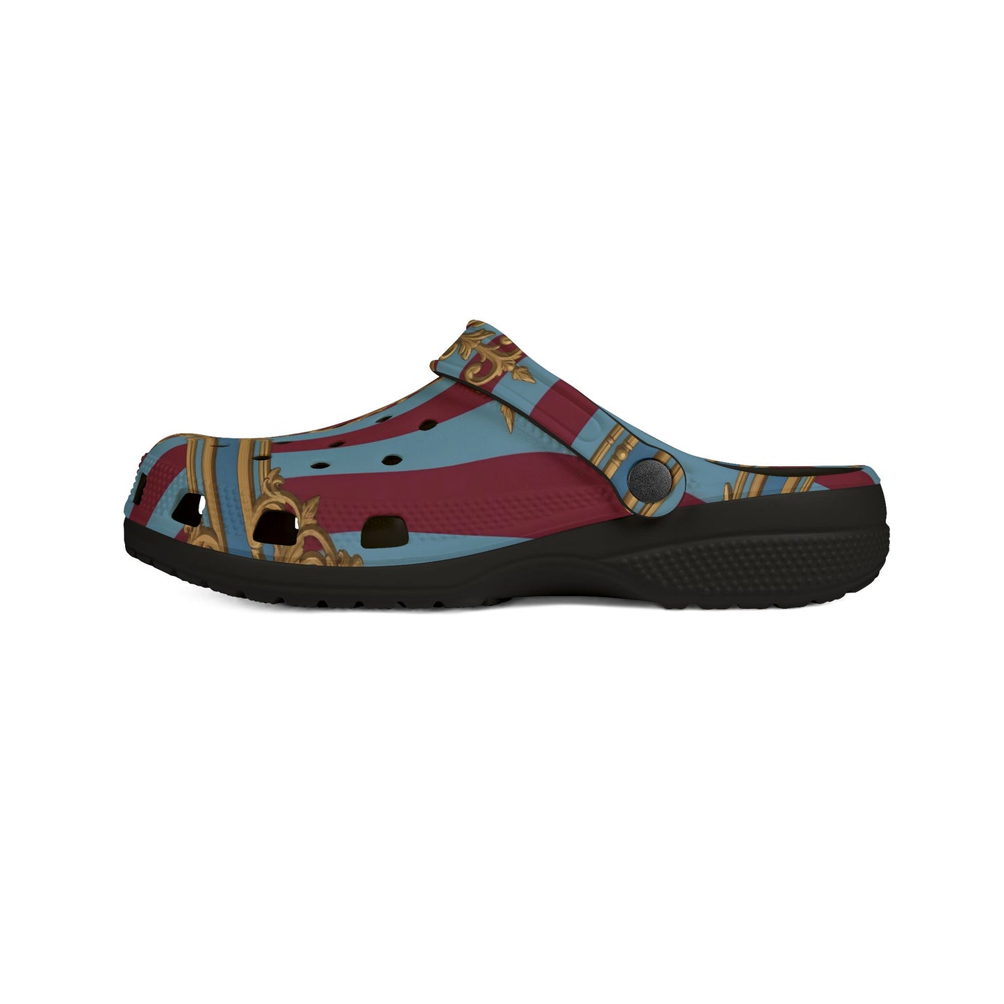 Chic Unisex EVA Foam Rubber Clogs – Stylish Comfort Footwear, Trendy Slip-Ons for Home, Casual Outings - Sky Blue & Maroon Striped Baroque