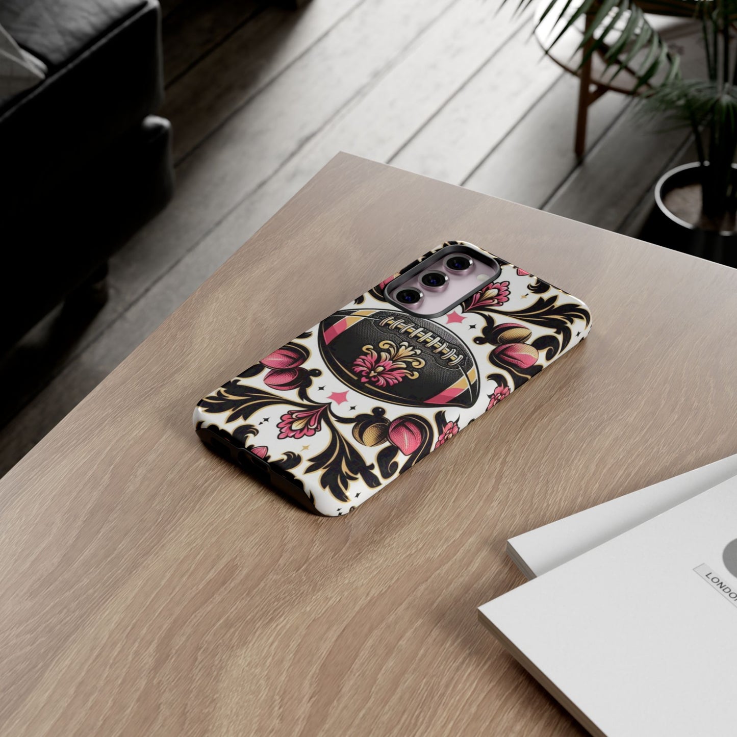 Elegant Floral Motif Phone Case - Tough Cases with Vintage Design - Damask White, Pink Gold & Black Football