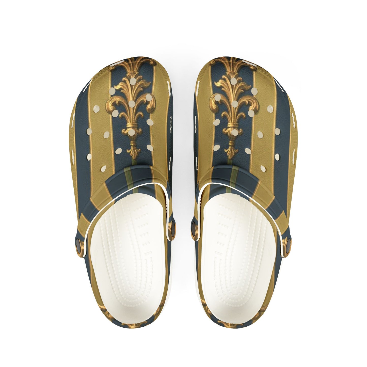 Stylish Midnight Blue & Olive Striped Gold Baroque EVA Foam Clogs - Trendy Slip-On Shoes for Comfort and Fashion, Casual Footwear, Unique Gift