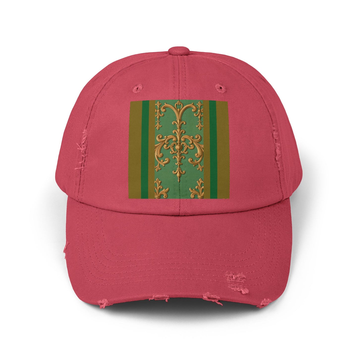 Stylish Unisex Distressed Cap with Unique Floral Design, Trending Accessory for Men and Women - Olive Green Striped Rococo