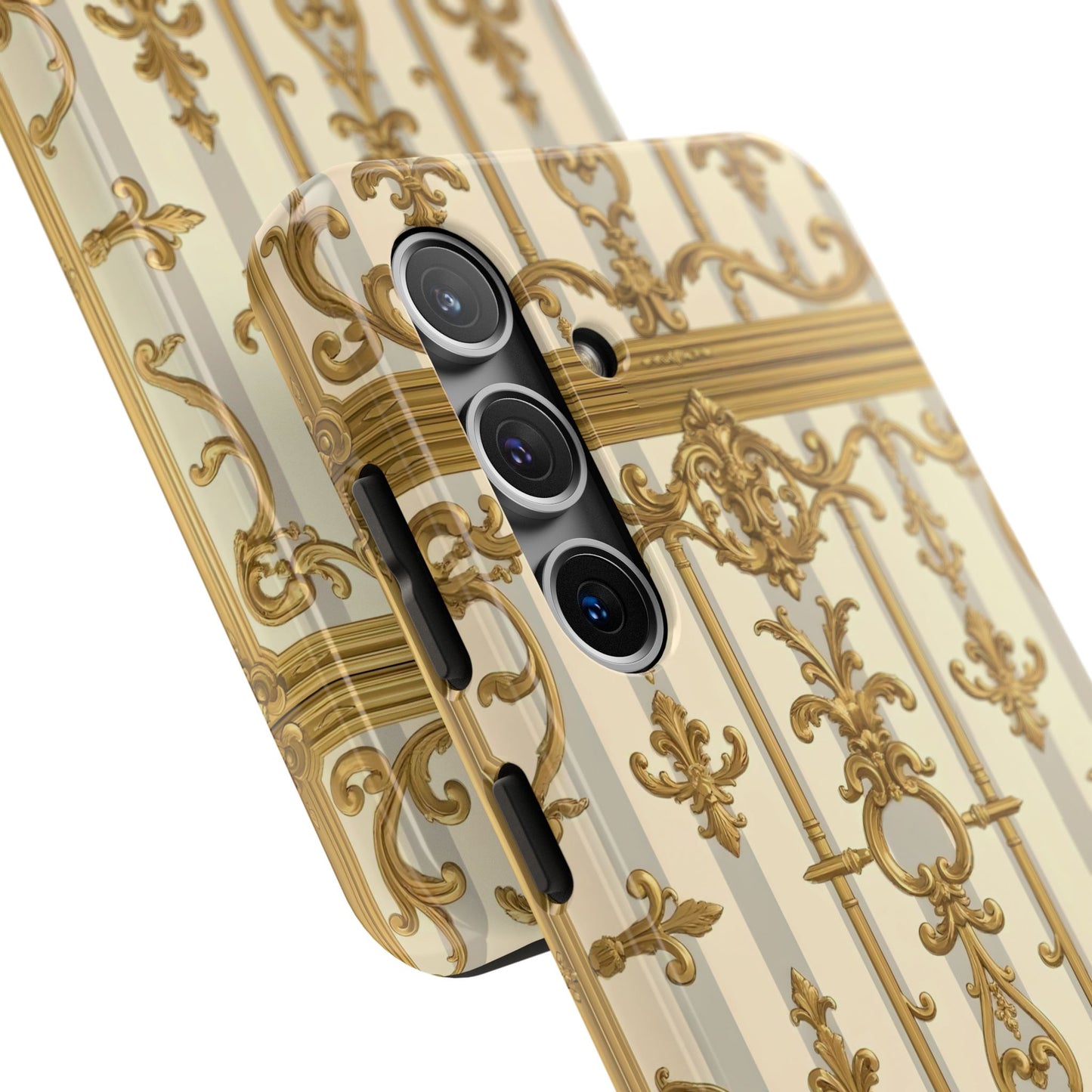 Elegant Gold Pattern Tough Phone Cases | Stylish Phone Covers, Trendy Cell Phone Accessories - Matte Gray & Cream Striped Gold Baroque