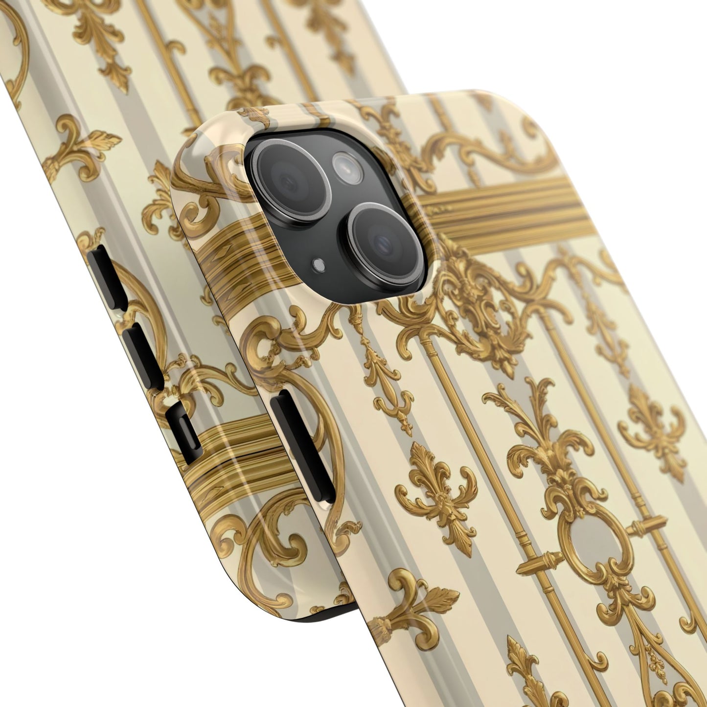 Elegant Gold Pattern Tough Phone Cases | Stylish Phone Covers, Trendy Cell Phone Accessories - Matte Gray & Cream Striped Gold Baroque