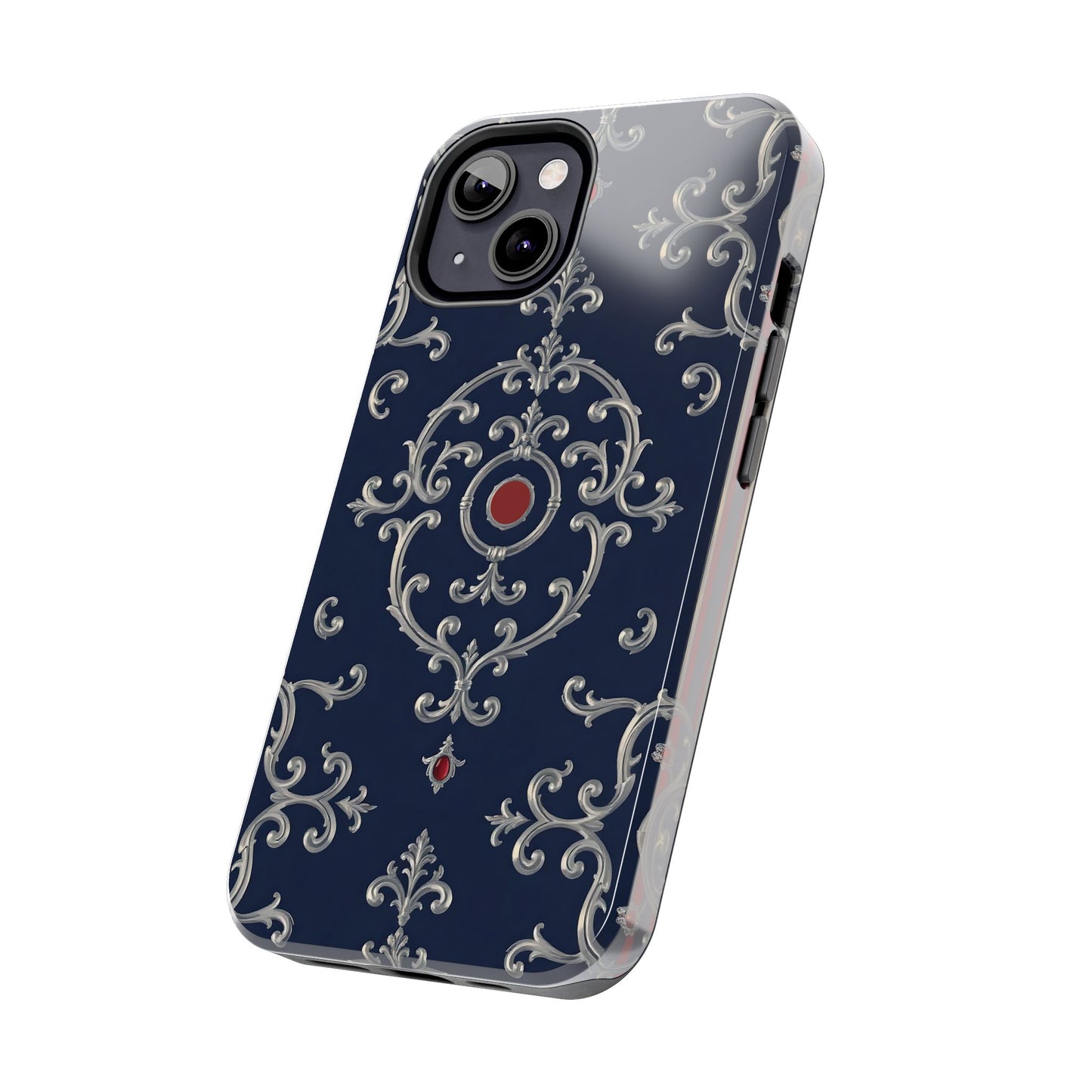 Elegant Patterned Tough Phone Cases for Stylish Protection, Gift for Her, Unique Accessories - Blue & Red Striped Silver Baroque