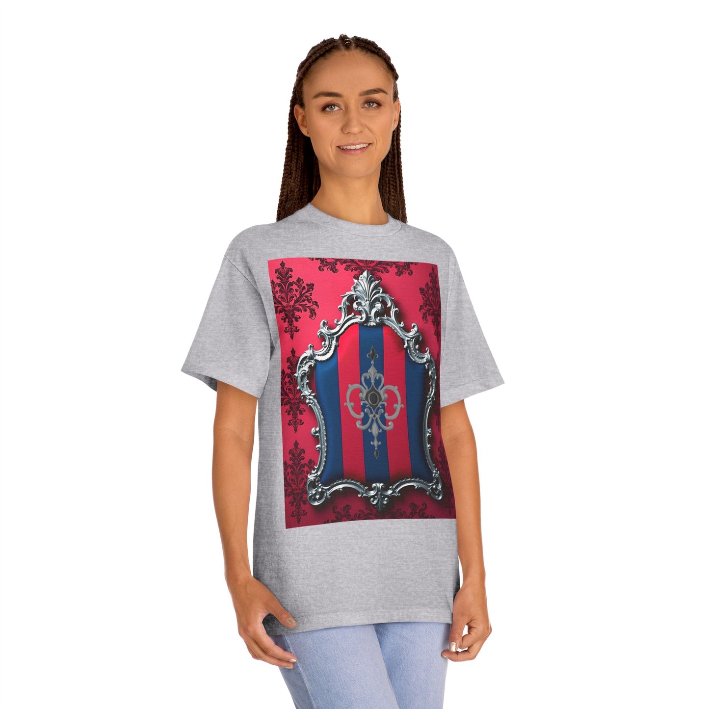 Vintage Couture Shield Unisex Classic Tee, Fashion T-Shirt, Gift for Fashion Lovers, Casual Wear, Unique Graphic Shirt - Blue & Red Striped Silver Crest