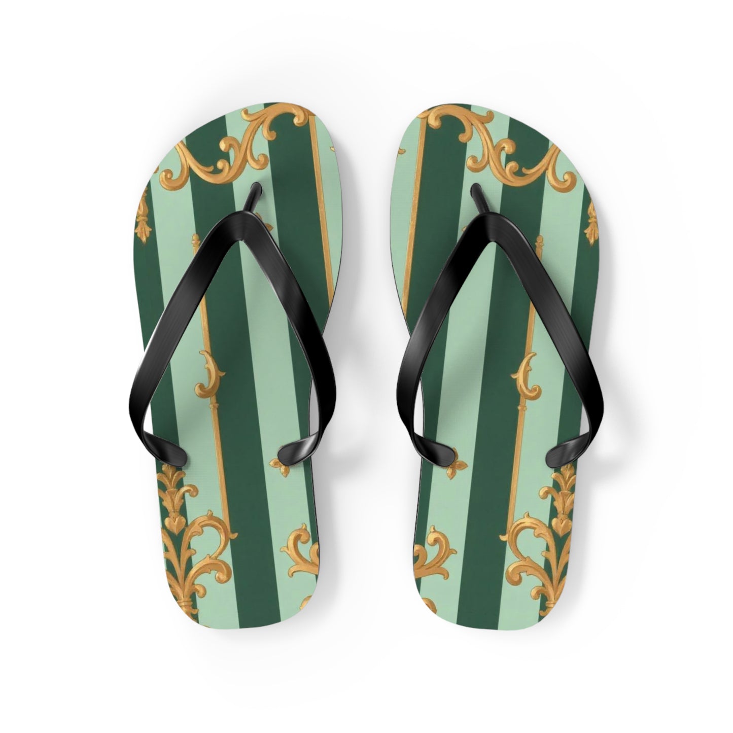 Elegant Patterned Flip Flops for Summer Fun, Beach Sandals, Casual Footwear, Vacation Essentials - Mint Green & Teal Striped Gold Baroque