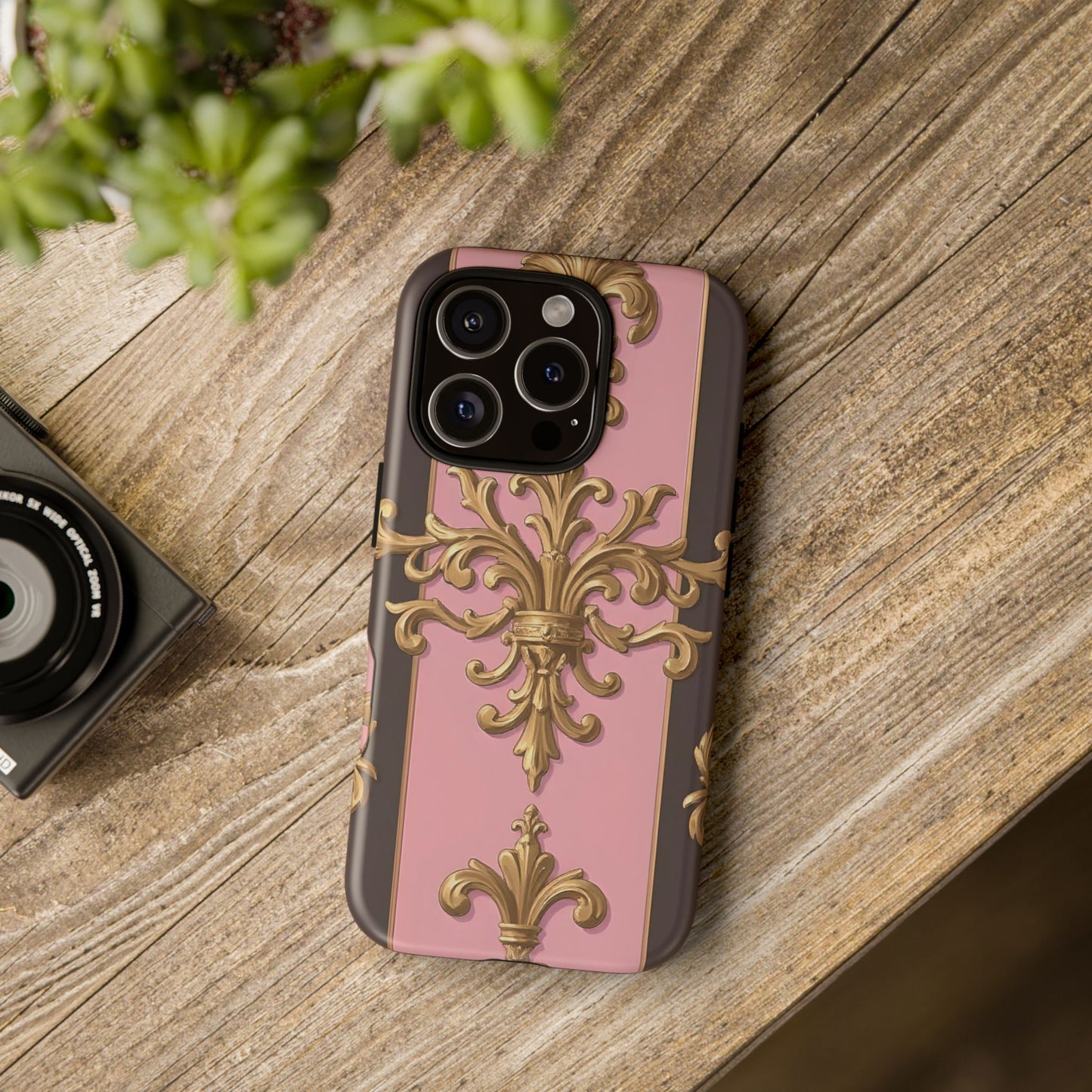 Elegant Floral Motif Phone Case - Tough Cases with Vintage Design - Pink & Brown Striped Gold Damask
