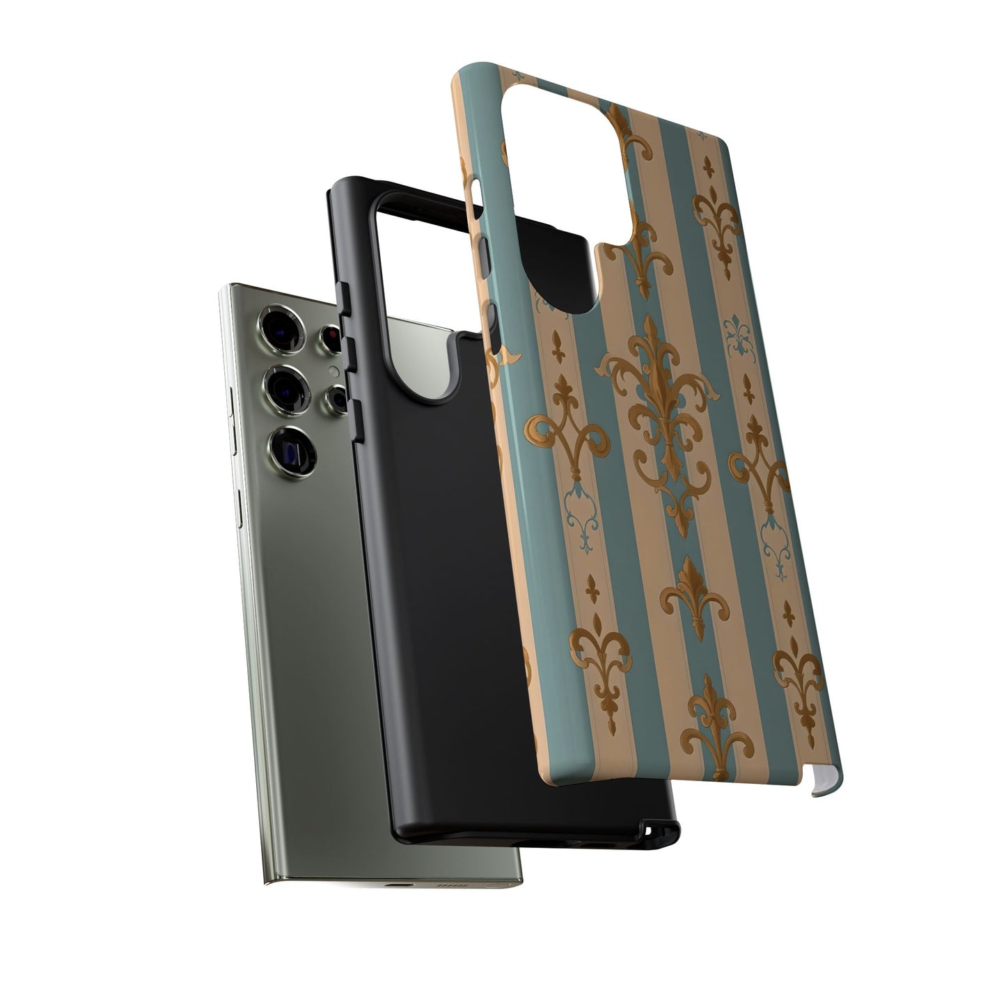 Elegant Floral Motif Phone Case - Tough Cases with Vintage Design -  Beige & Sky Blue Striped Gold Damask