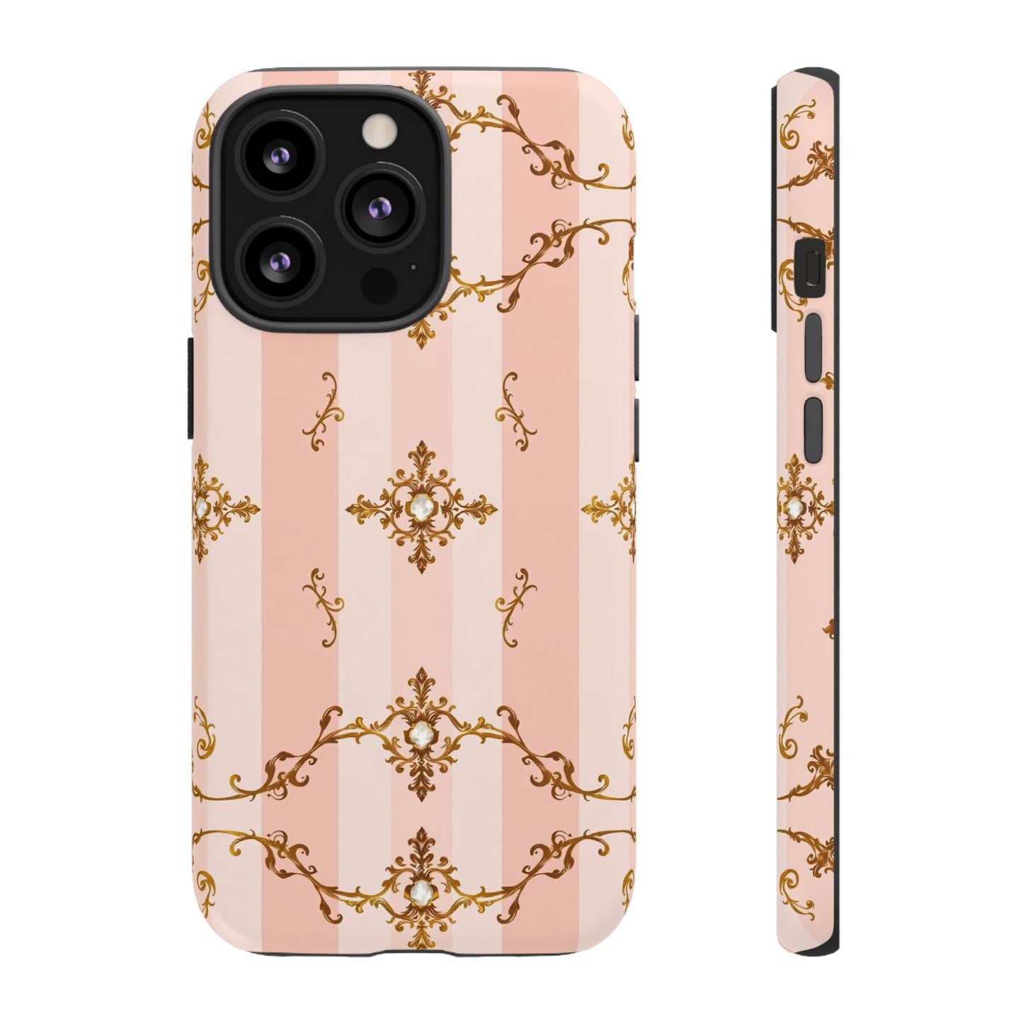 Elegant Floral Phone Case, Tough Cases for Women, Trendy Phone Cover, Chic Gift - Pink Jeweled Striped Gold Baroque
