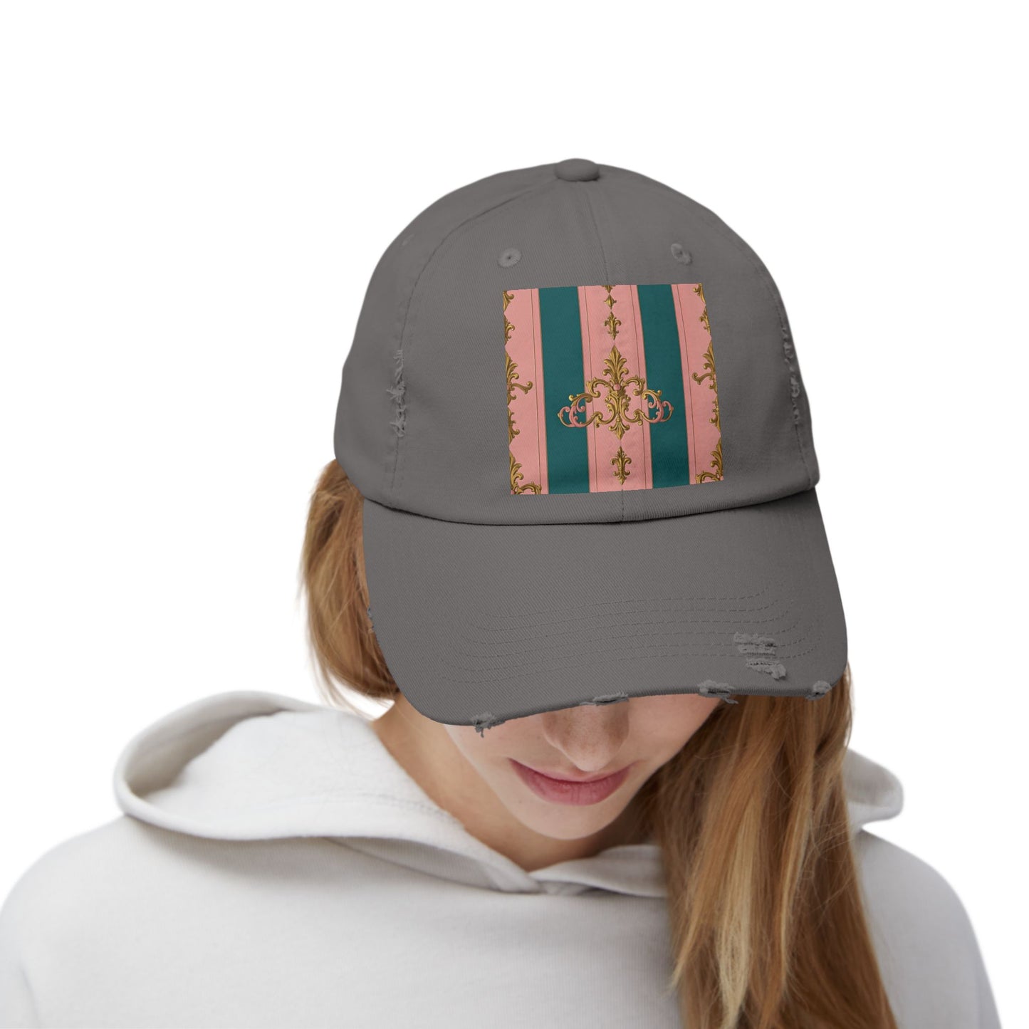 Chic Vintage Distressed Cap, Trendy Unisex Baseball Hat, Fashionable Everyday Wear - Pink & Teal Striped Gold Baroque