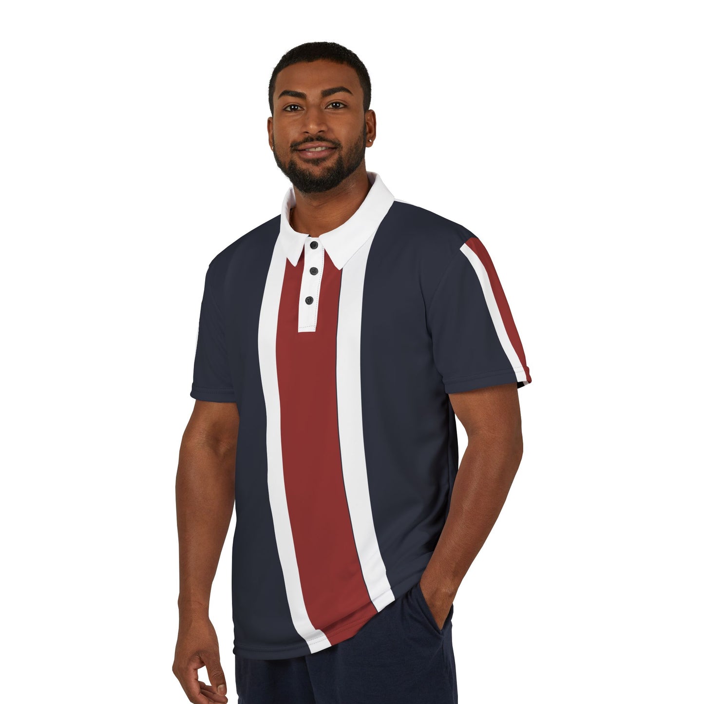 Lunar Midnight & Red-White Striped Stylish Unisex Polo Shirt, Casual Wear, Fashionable Menswear, Summer Essential, Gift for Him/Her, Holiday Attire