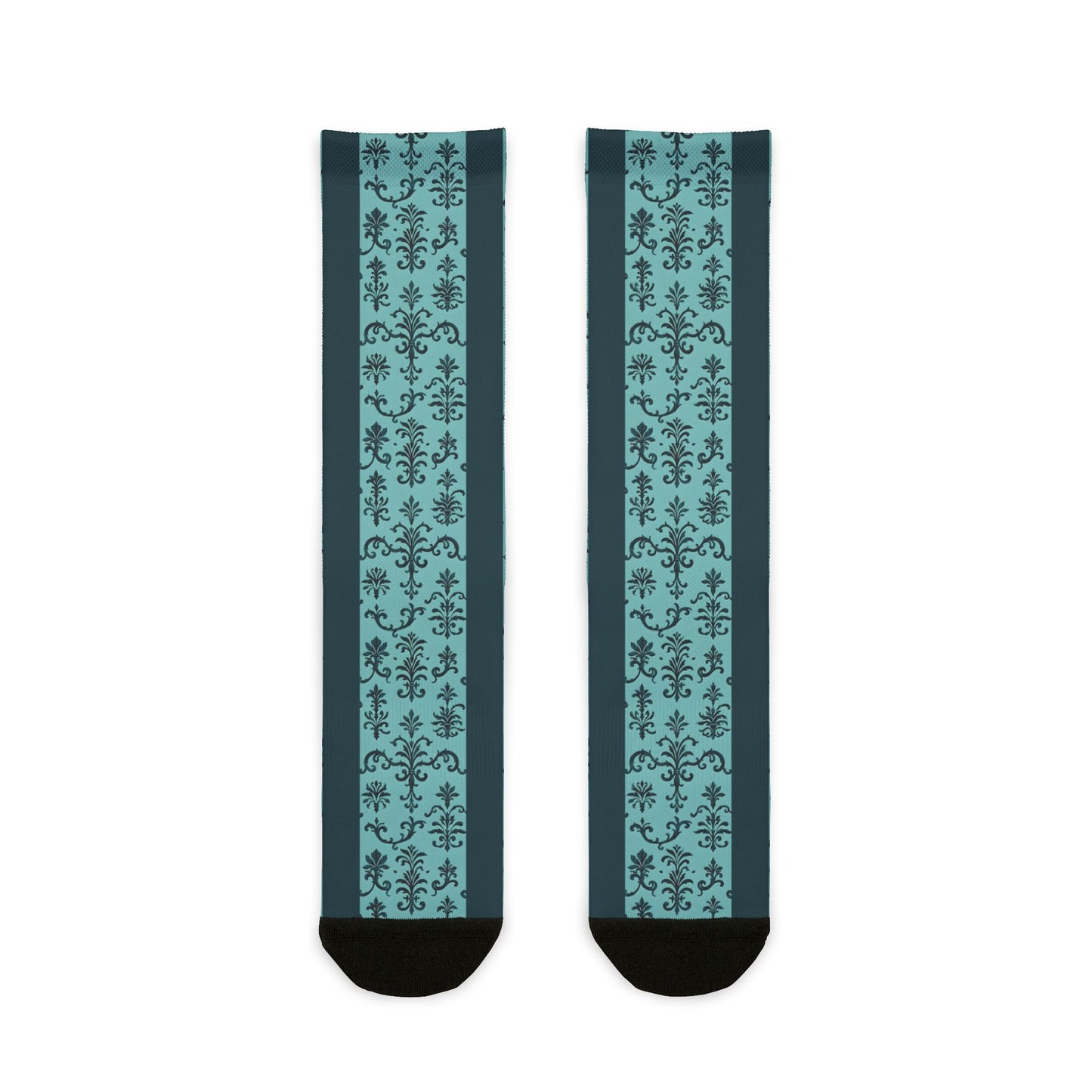 Stylish Sublimation Crew Socks - Trendy, Unique Gift, Personalized Fashion, Cozy Homewear, Sock Lovers, Perfect for Holidays - Teal Striped Rococo