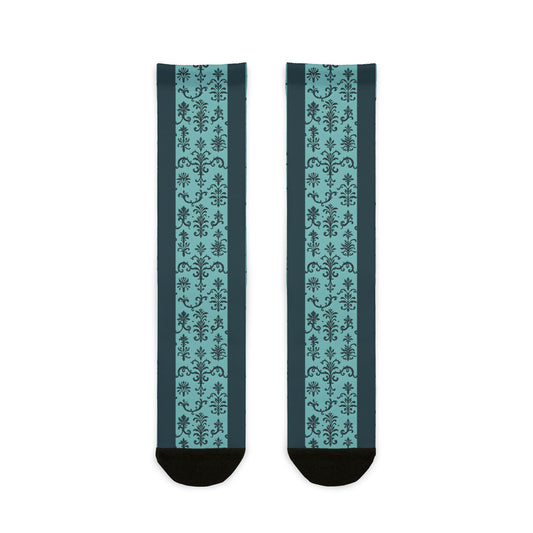 Stylish Sublimation Crew Socks - Trendy, Unique Gift, Personalized Fashion, Cozy Homewear, Sock Lovers, Perfect for Holidays - Teal Striped Rococo