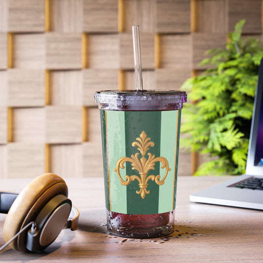 Elegant Acrylic Tumbler, Suave Cup for Home Decor, Travel Mug, Perfect Gift for Birthdays, Weddings - Mint Green & Teal Striped Gold Baroque