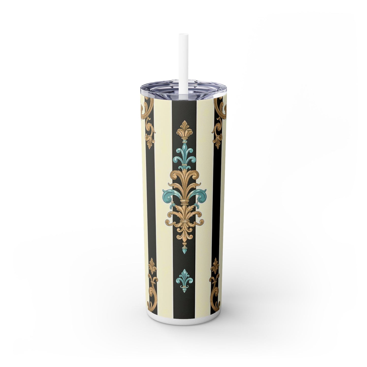 Elegant Stripe Skinny Tumbler | 20oz | Ideal Gift for Home, Office, Travel, Party, or Everyday Use - Black Striped Turquoise & Black Rococo