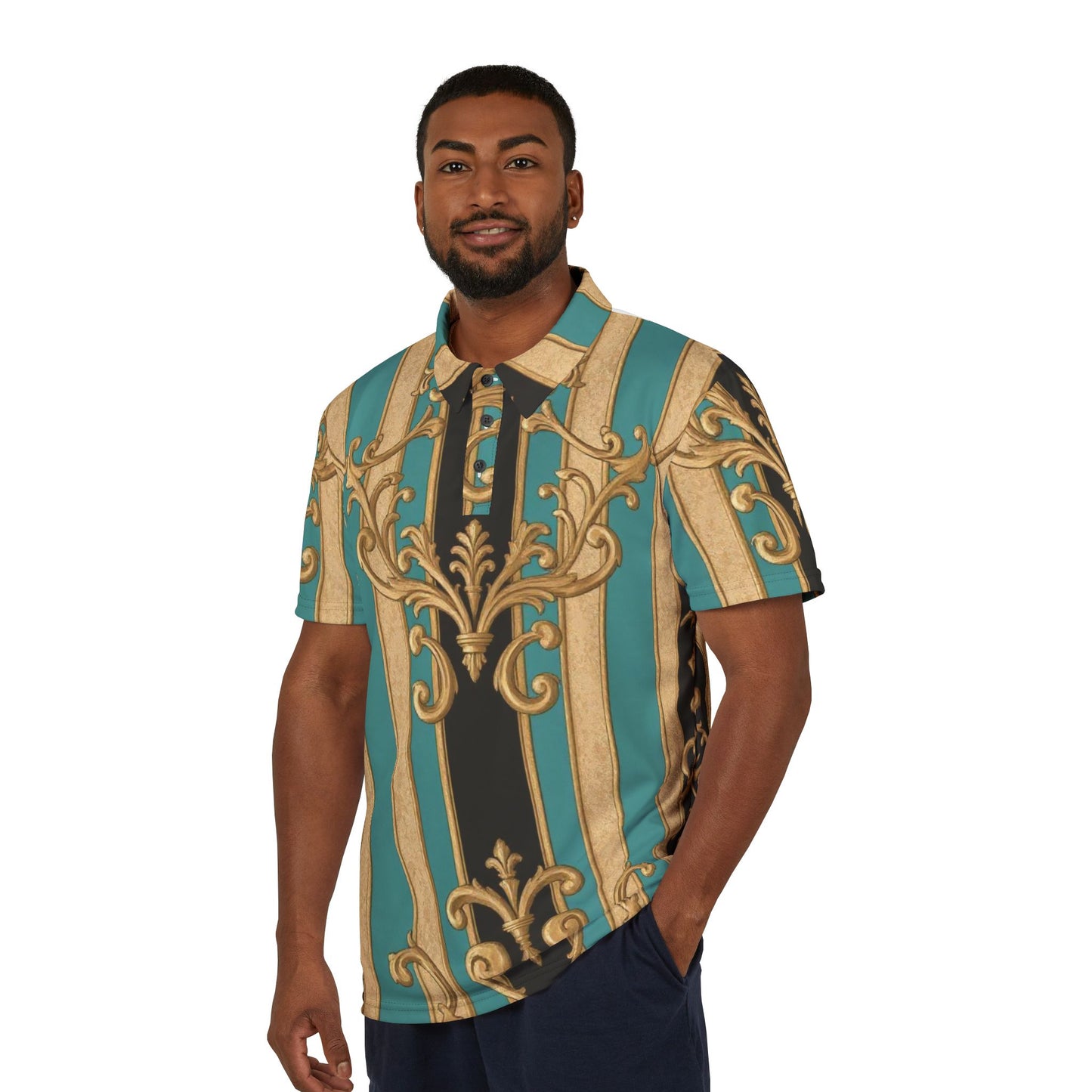 Elegant Black, Tan & Ocean Green Striped Gold Baroque AOP Unisex Polo Shirt, Chic Casual Wear, Stylish Summer Outfit, Unique Gift for Him/Her