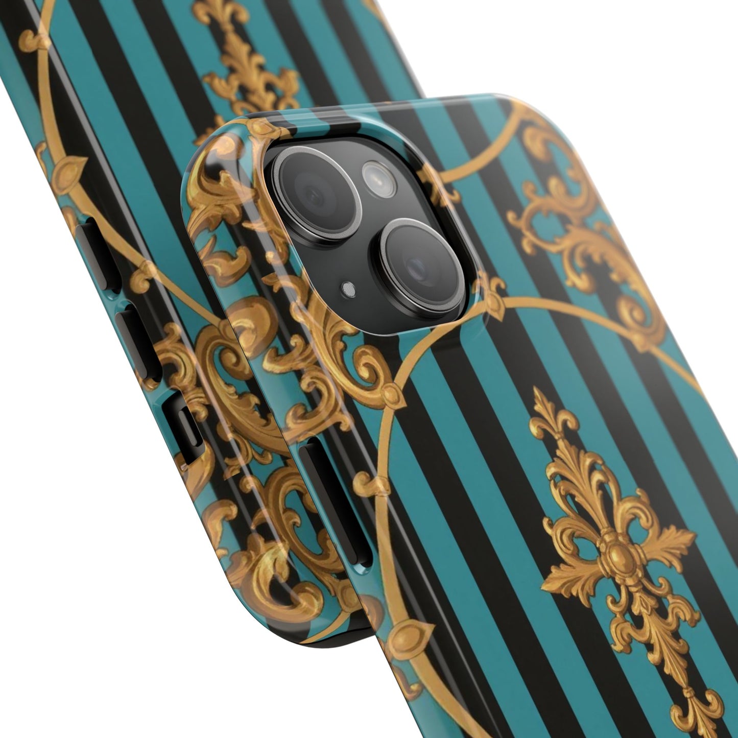 Elegant Turquoise & Black Striped Gold Baroque Phone Case, Tough Phone Cases for Fashion Lovers, Gift for Her, Luxury Accessories