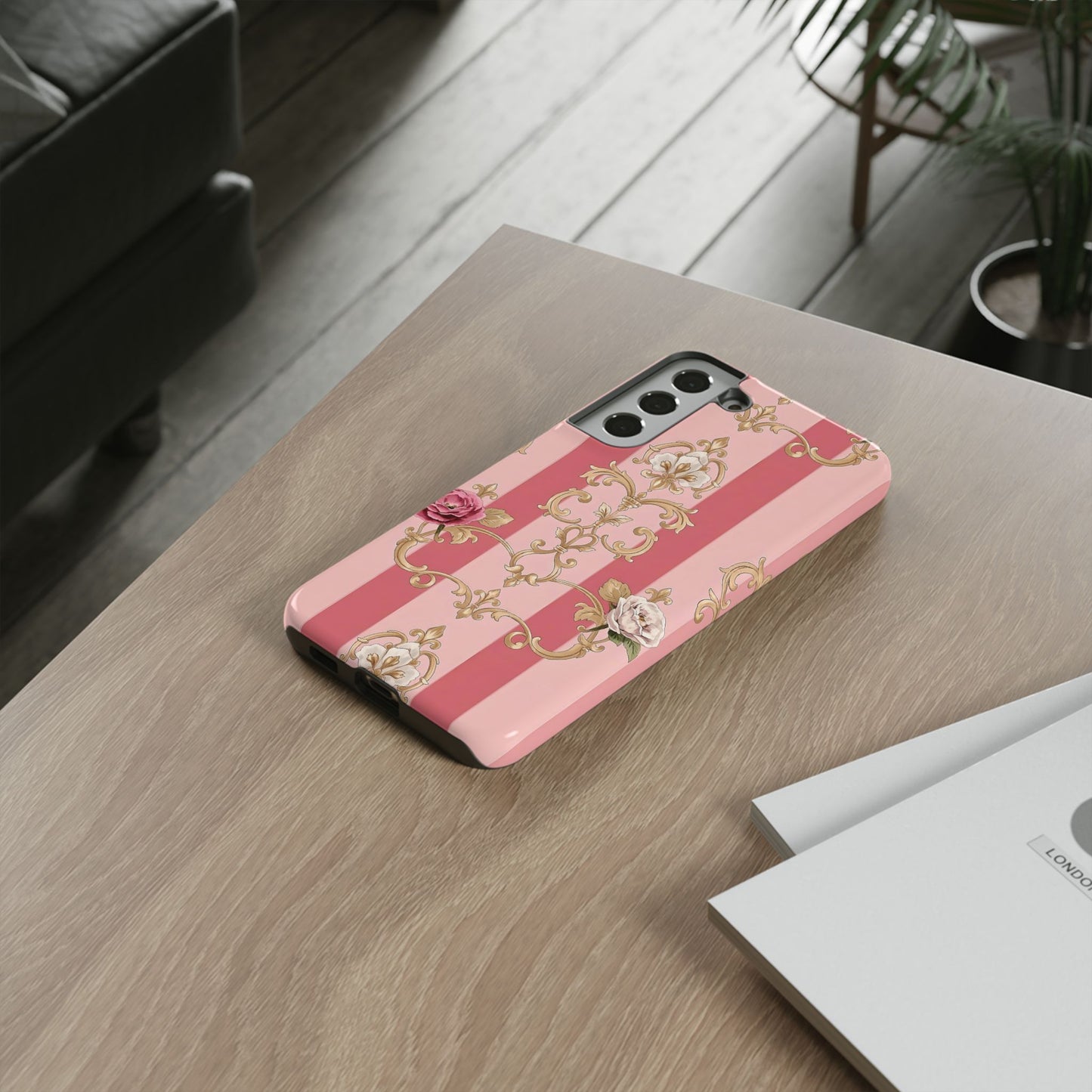 Elegant Floral Motif Phone Case - Tough Cases with Vintage Design - Pink Striped Roses & Damask