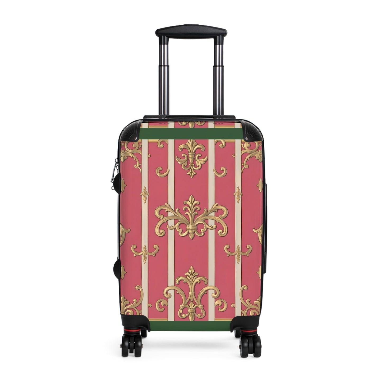 Elegant Green Border Pink Striped Baroque Suitcase for Travelers, Stylish Luggage for Vacations and Getaways, Gift for Adventure Lovers